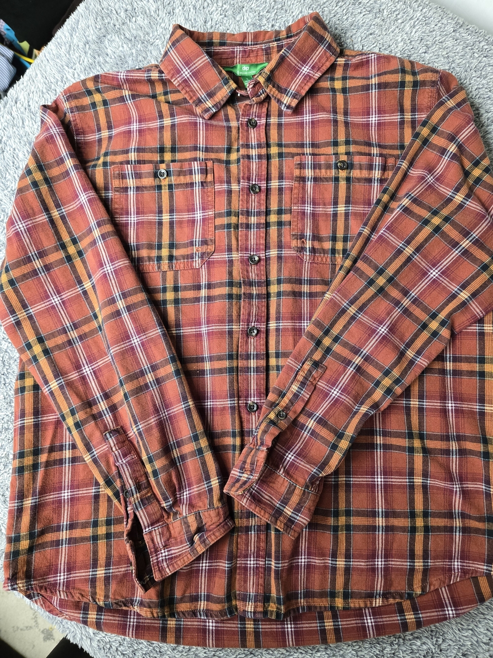 Dip Orange Tan Plaid Flannel Long Sleeve Button Down Shirt Large Organic Cotton